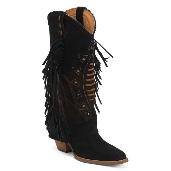 DINGO Black Made In Mexico Suede Lad 14 Boots With Fringe Spirit Trail - Picture 1 of 2